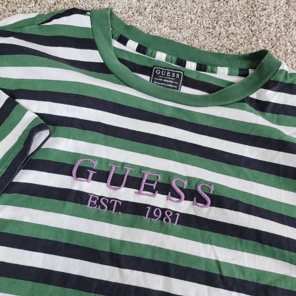 Guess‎ Los Angeles Mens Medium Green Black White Striped T Shirt Crew Neck SS